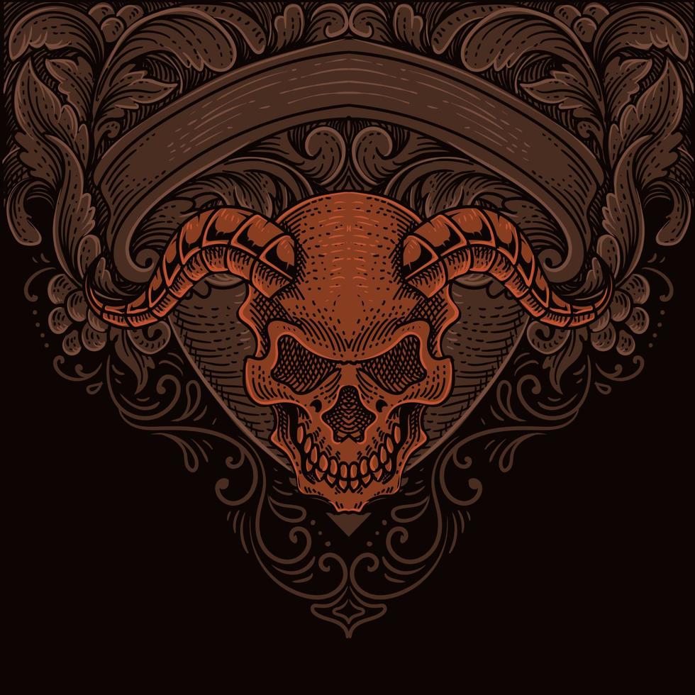 ilustração de cabeça de crânio de demônio com ornamento de gravura antiga vetor