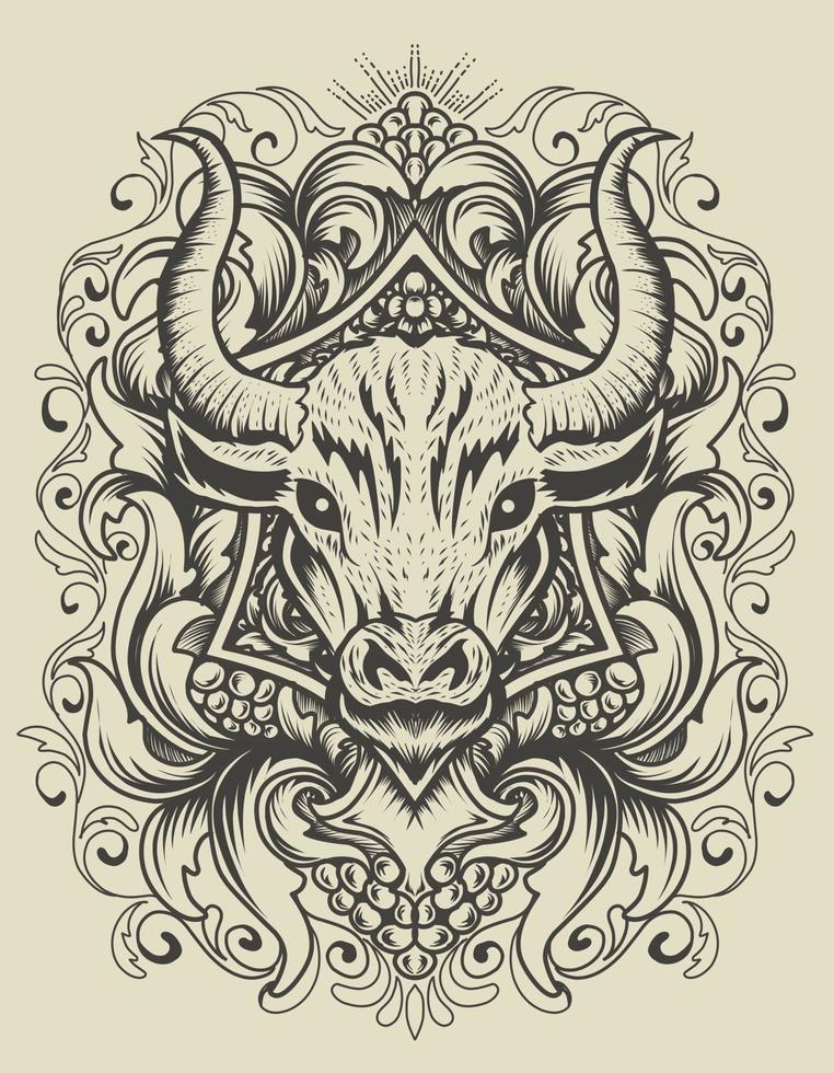 ilustração vetorial cabeça de touro com gravura vintage ornamento em fundo preto vetor