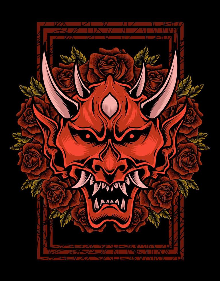 ilustração de máscara oni com flor rosa vetor