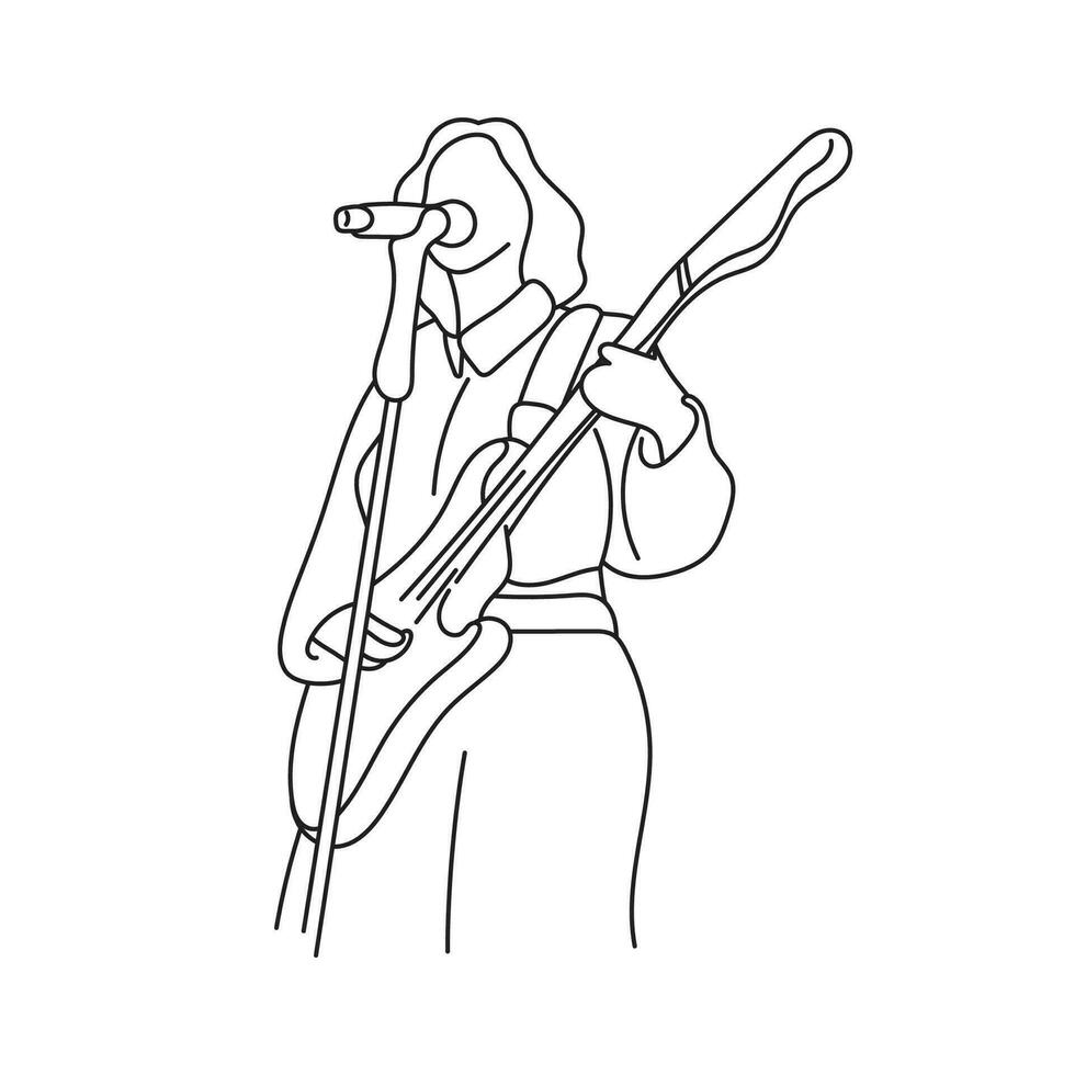 fêmea músico jogando elétrico guitarra e cantando ilustração vetor mão desenhado isolado em branco fundo