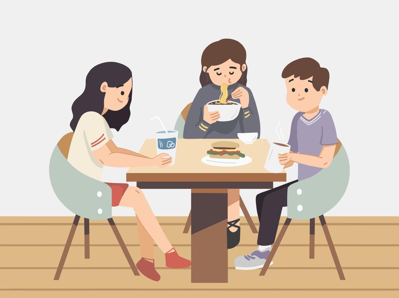 amigos sentados à mesa no café. desfrutar e comer as refeições. compartilhar bebidas no café. design de vetor plana de cor café interior. amigos comendo comida chinesa em um restaurante americano.