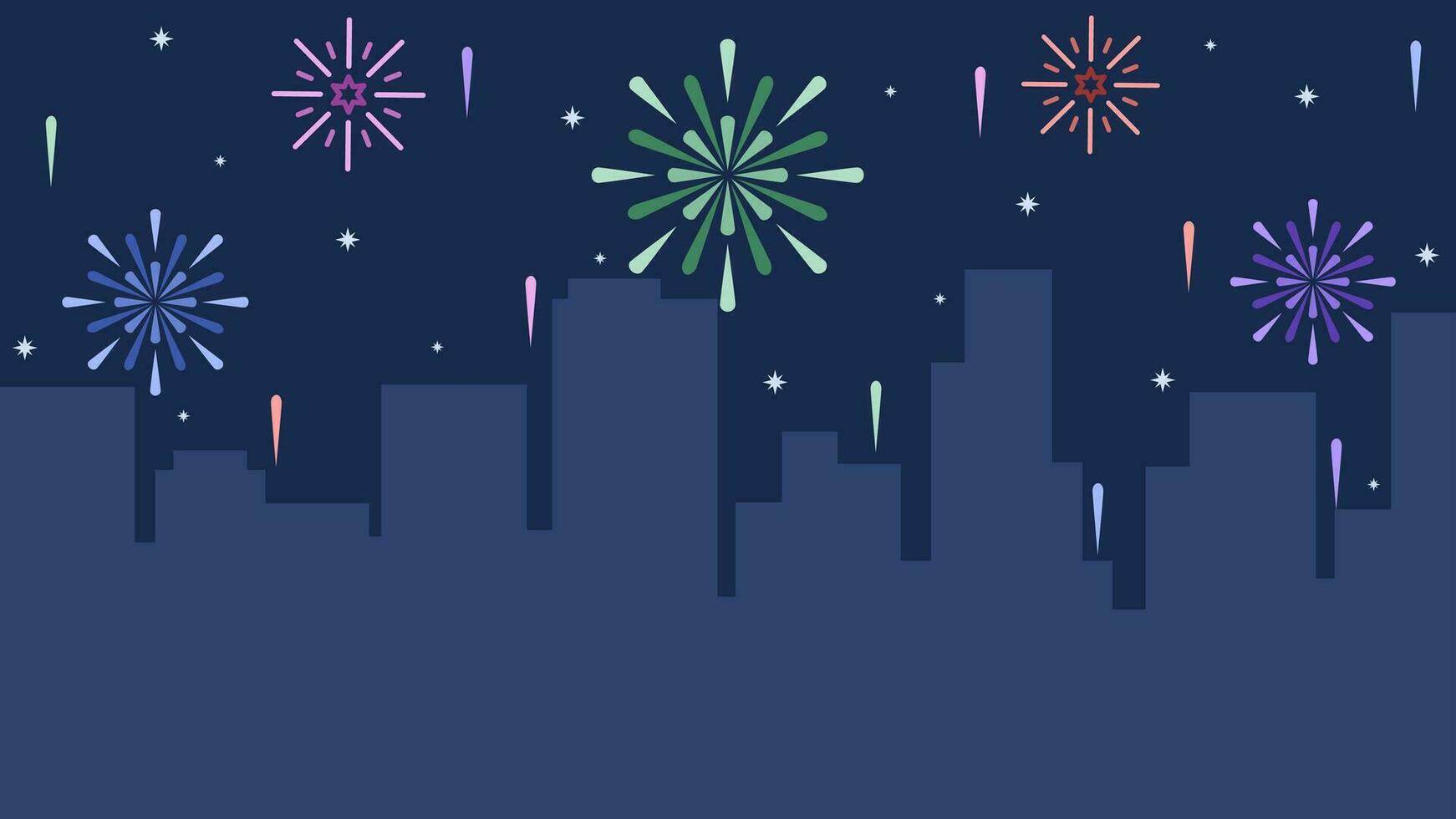 Novo ano paisagem urbana vetor ilustração. cidade silhueta com colorida espumante fogos de artifício dentro Novo ano evento. Novo ano panorama para ilustração, fundo ou papel de parede. urbano fogo de artifício festival