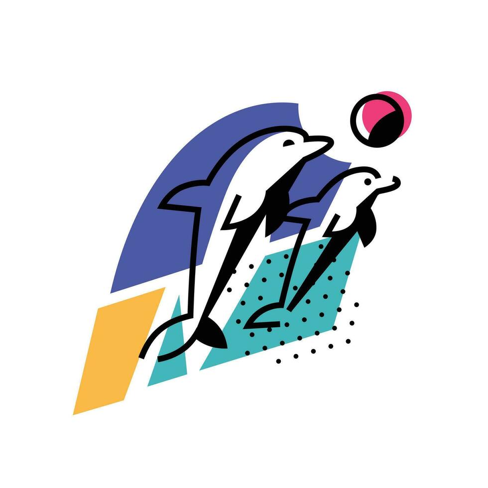 ilustração do golfinhos de a oceano. vetor ícone. imagem é isolado em branco fundo. dois golfinhos estão jogando perto a de praia. logotipo para a jardim zoológico, delfinário, fazer compras. mascote. emblema, símbolo.
