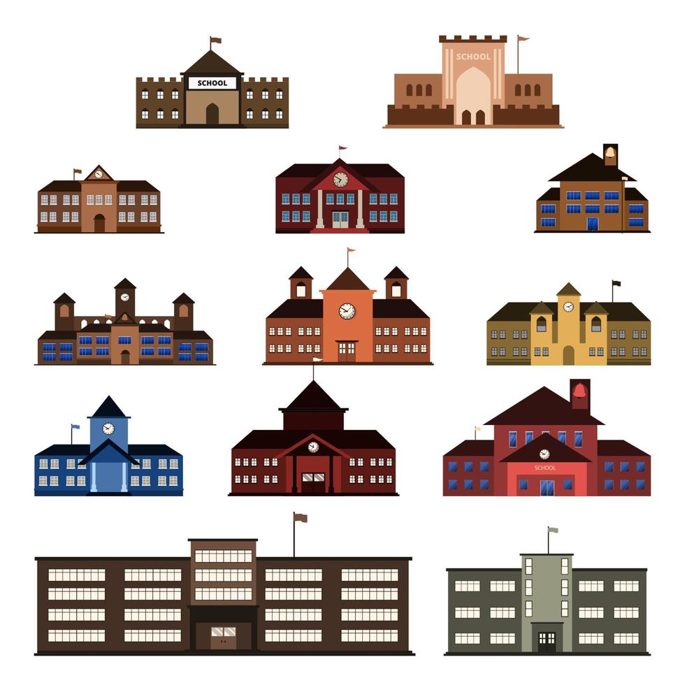 conjunto de ilustração de ícone de vetor de prédio de ensino fundamental e médio