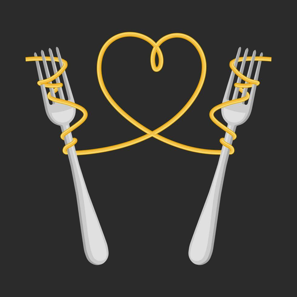 garfos com espaguete e uma coração do massa em uma Sombrio fundo. Comida logotipo, restaurante cardápio. vetor