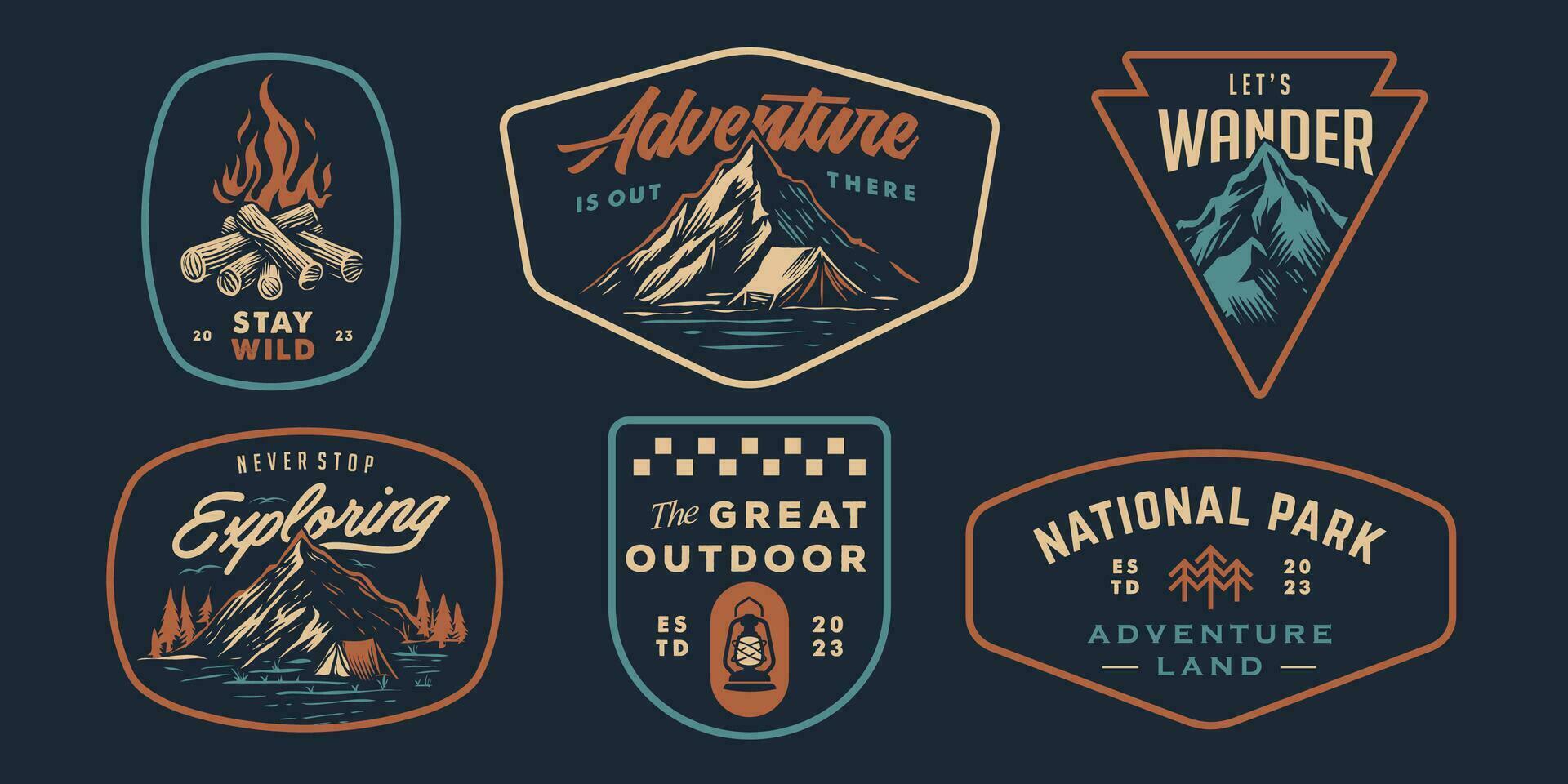 montanha aventura hipster logotipos. conjunto do vintage ao ar livre montanhas verão acampamento Distintivos ou patches. vetor emblema projetos. ótimo para camisas, selos, adesivos logotipos e rótulos.