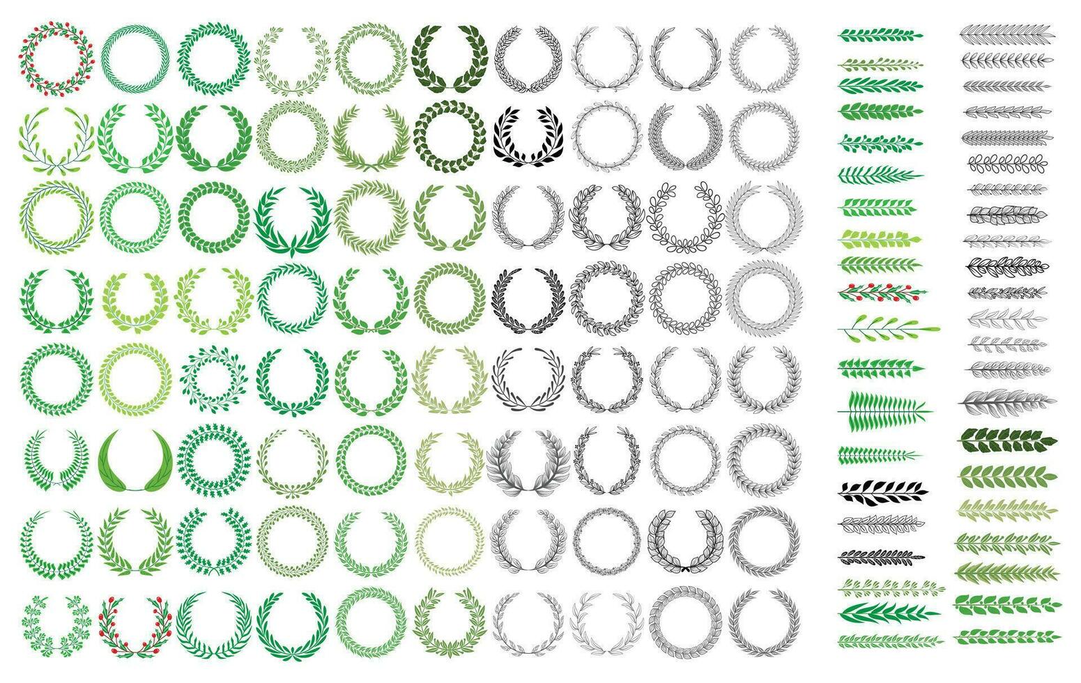 conjunto do louro coroas e galhos com colorida folhas. mão desenhando louro coroas e galhos coleção. vetor ilustração.