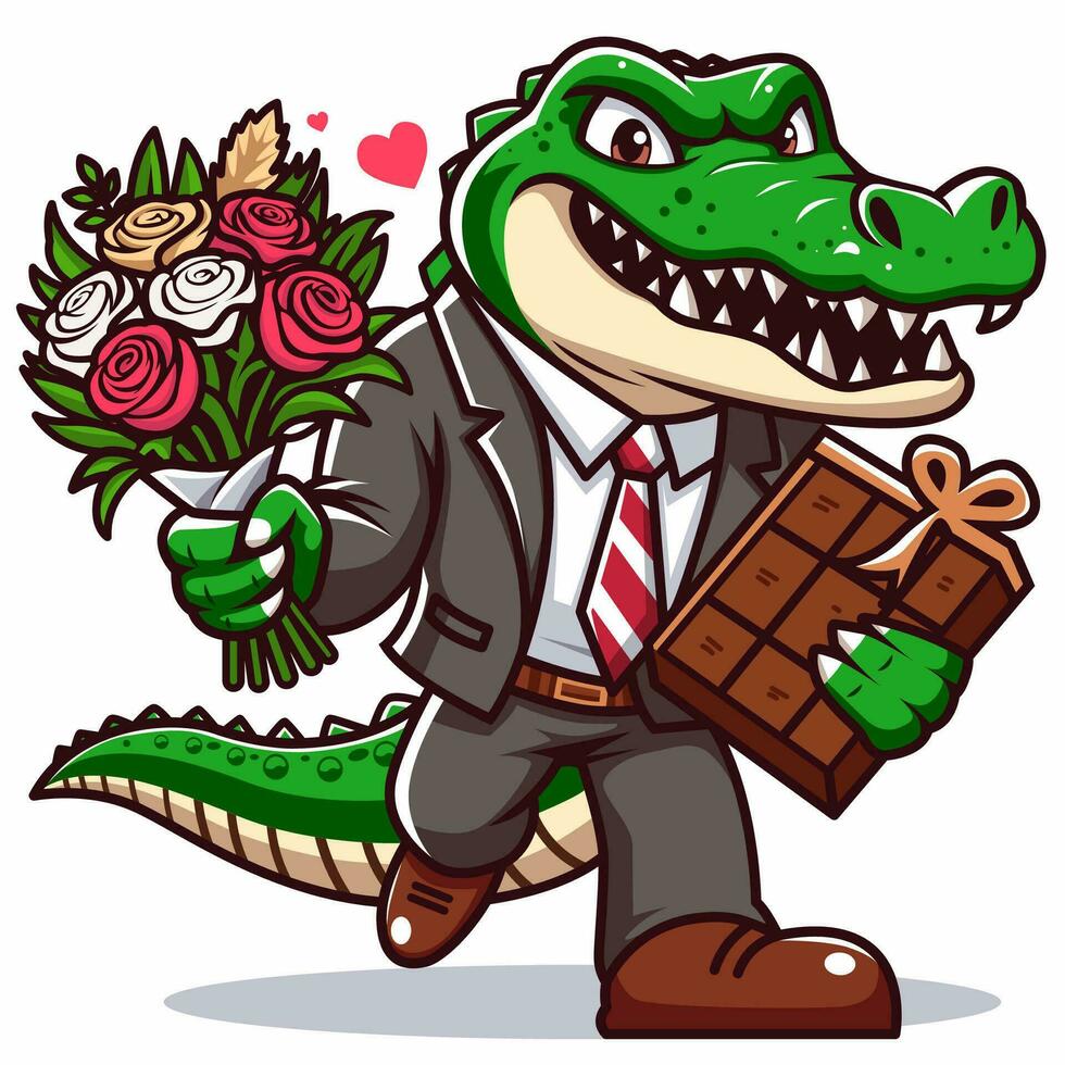 vetor ilustração do crocodilo carregando chocolates e flores vetor eps 10