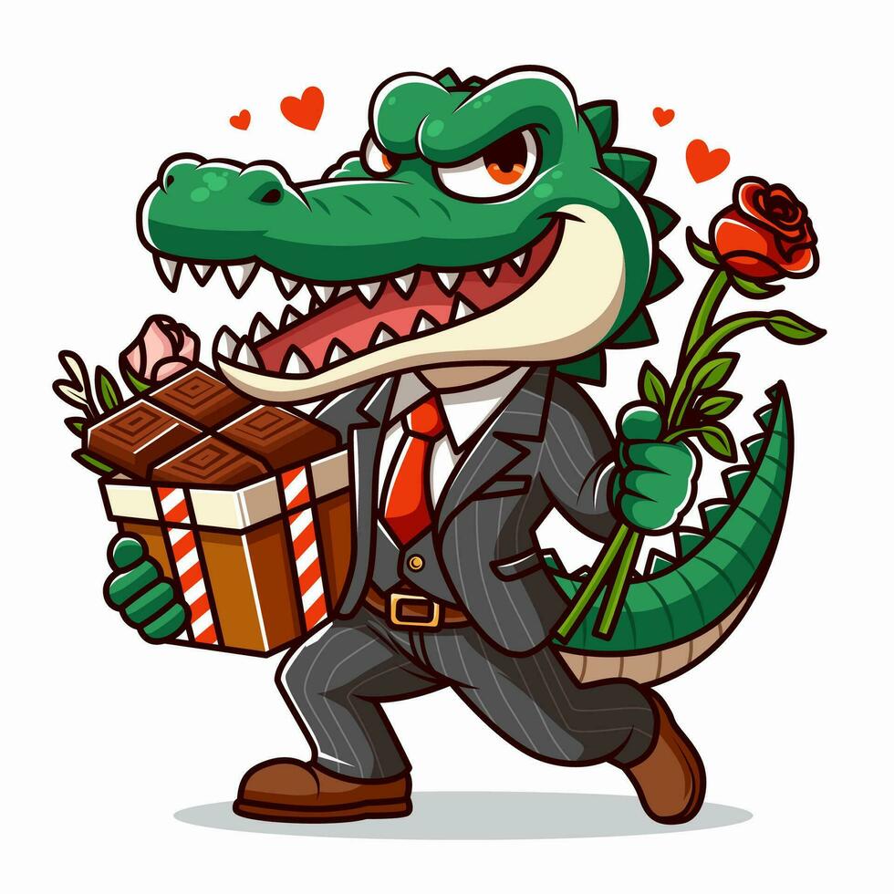 vetor ilustração do crocodilo carregando chocolates e flores vetor eps 10
