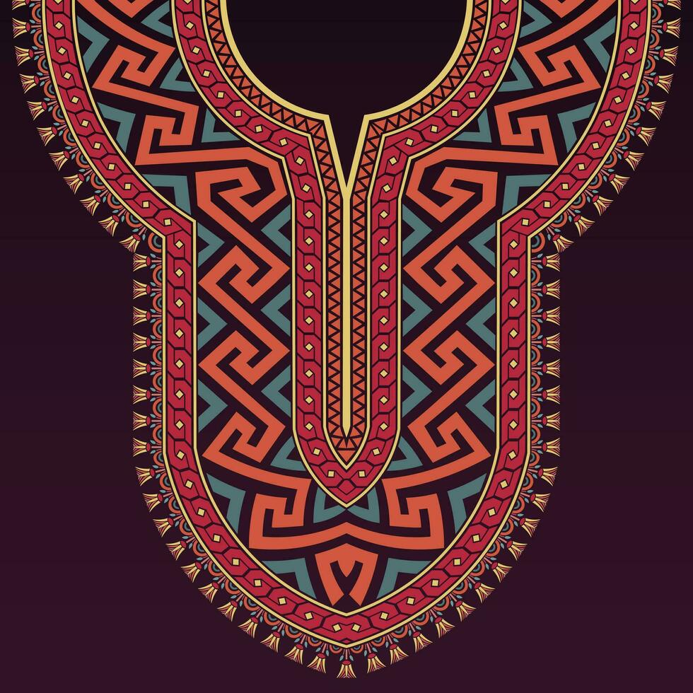 colorida pescoço Projeto dentro antigo Grécia estilo com grego chave, geométrico, e egípcio lótus padrões em uma Sombrio roxa fundo. vetor