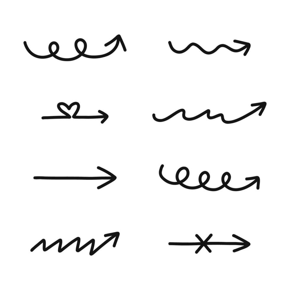 fofa mão desenhado Setas; flechas conjunto dentro rabisco rabisco estilo. engraçado coleção do à mão livre Setas; flechas, curvado linhas, redemoinhos. o negócio seta marca ícones para rede, bandeira, Projeto isolado em branco fundo vetor