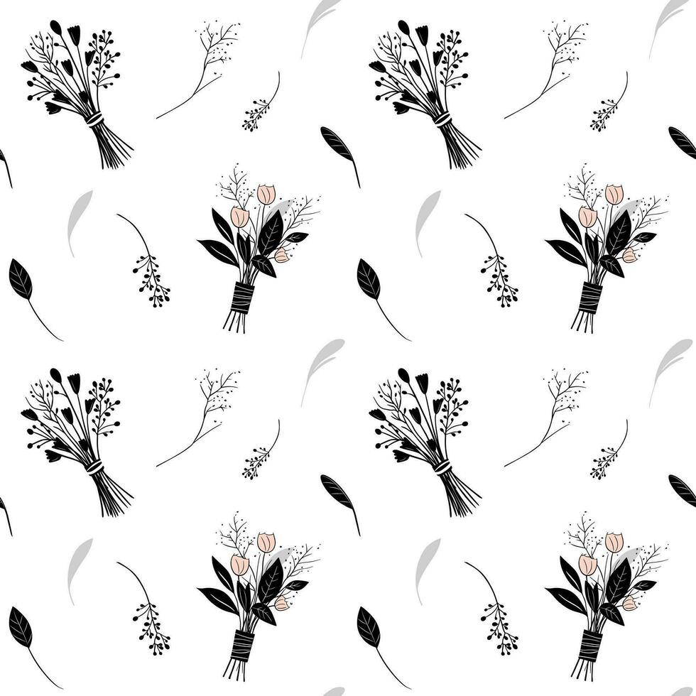 desatado fundo com buquês e folhas. monocromático floral padronizar. mão desenhado botânico papel de parede vetor