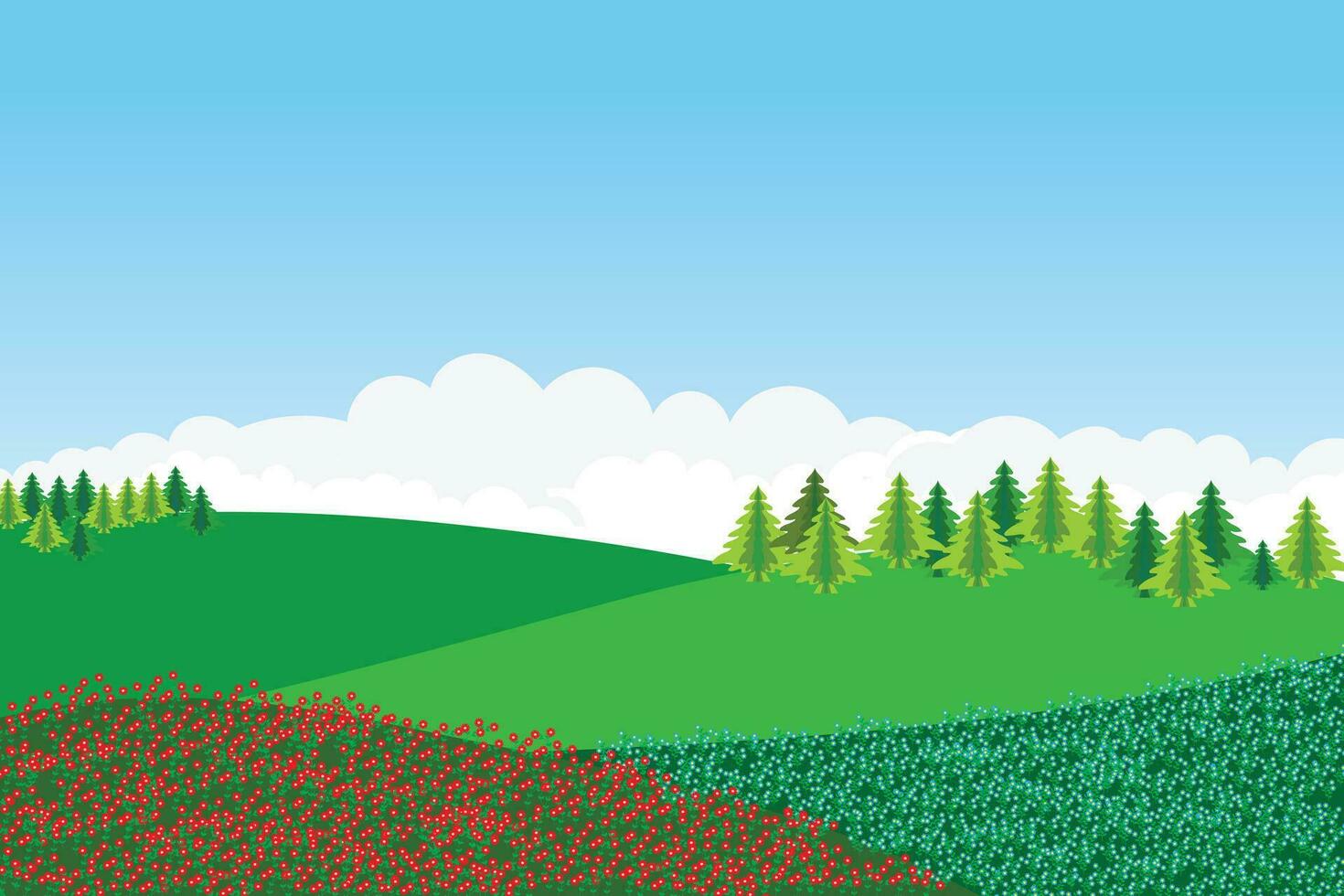 ilustração do verde montanha flor campo com pinho árvores e gradiente azul céu fundo. vetor