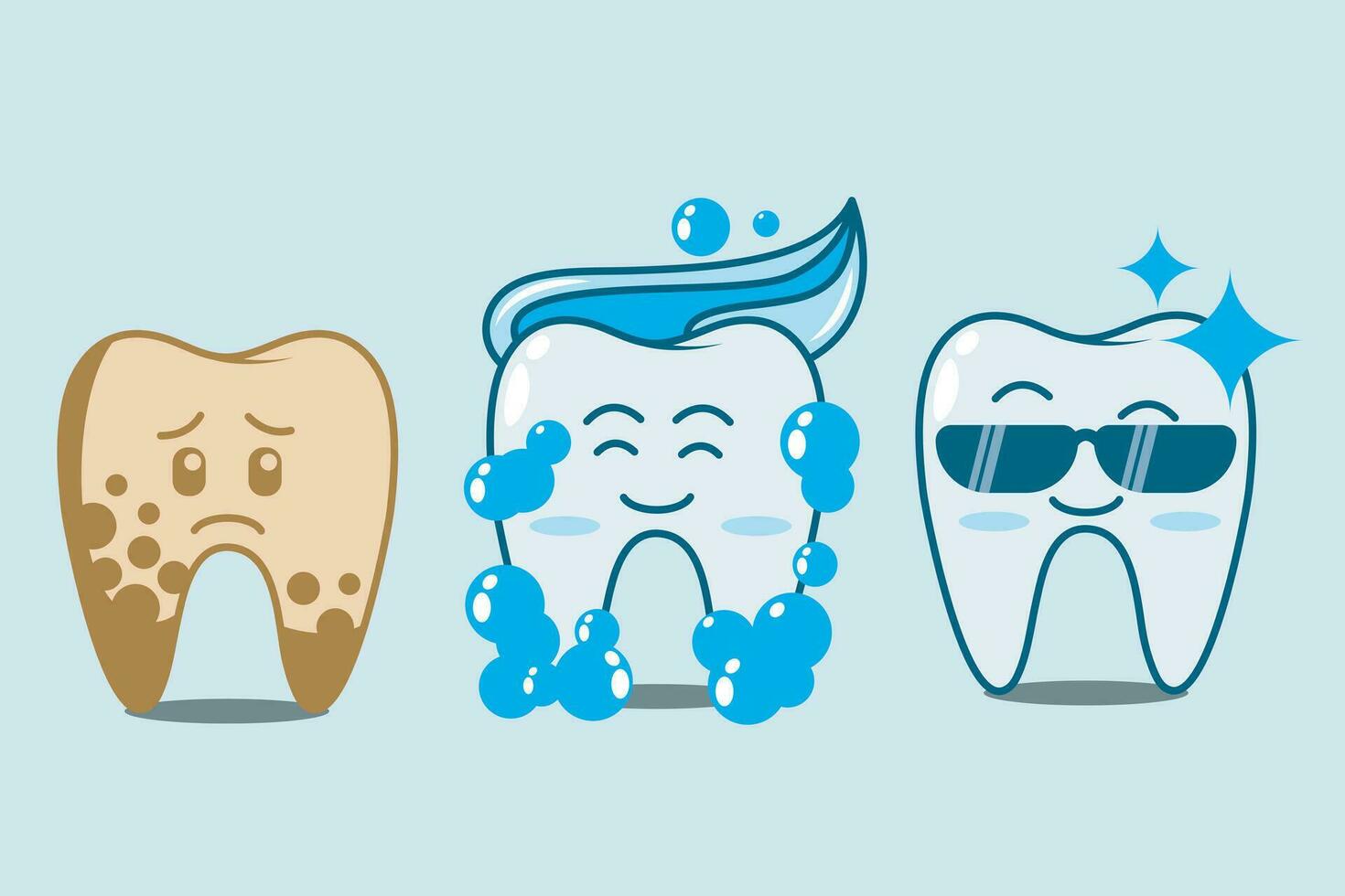 a personagem do uma doente dente com placa pega tratamento, torna-se limpar, saudável, brilhante e parece legal. dental placa remoção procedimento passos. plano vetor ilustração