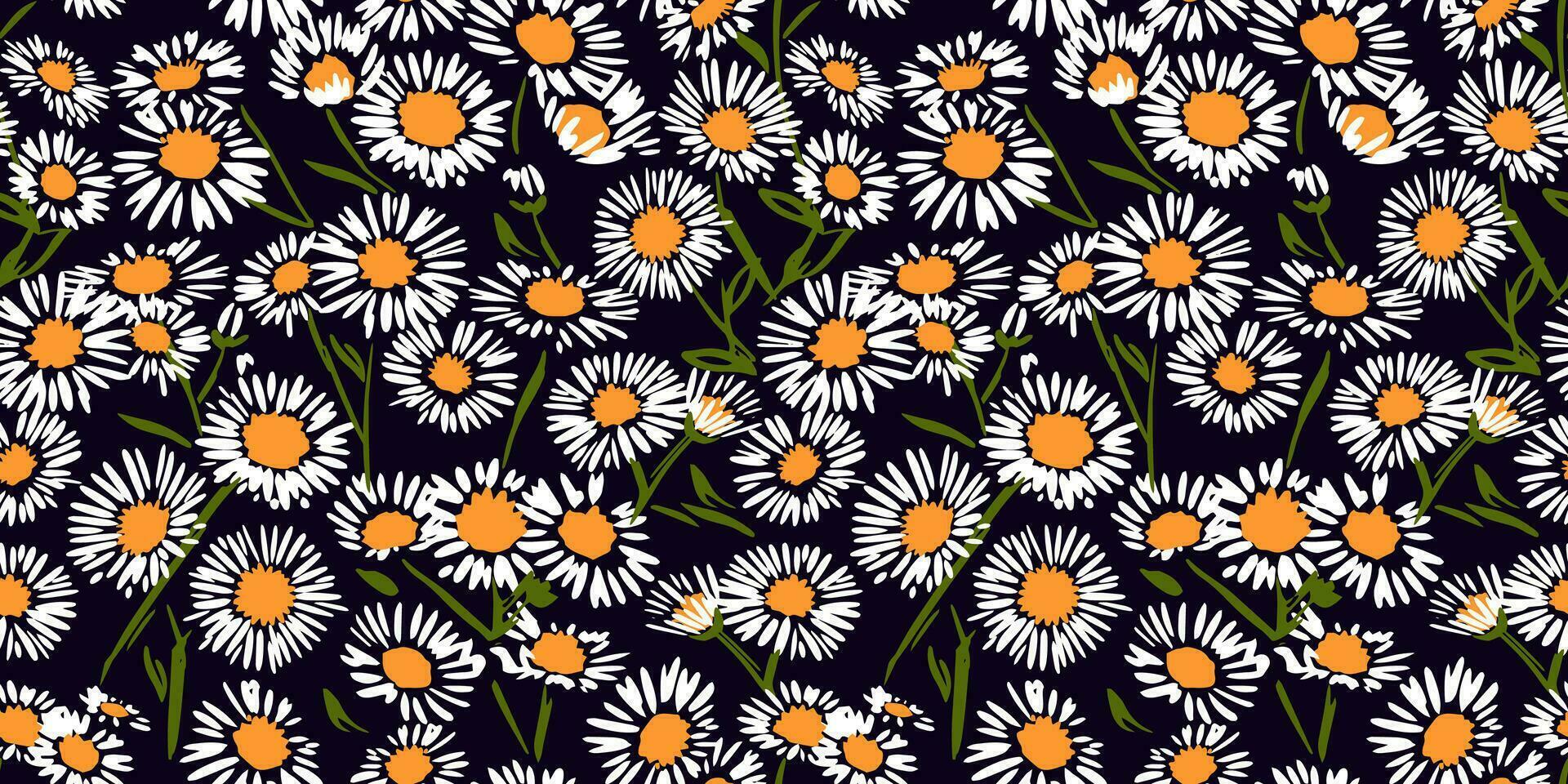 simples artístico camomila floral desatado padronizar em uma Preto fundo. vetor mão desenhado idiota, margarida flores colagem contemporâneo imprimir. Projeto enfeite para moda, tecido, têxtil, papel de parede