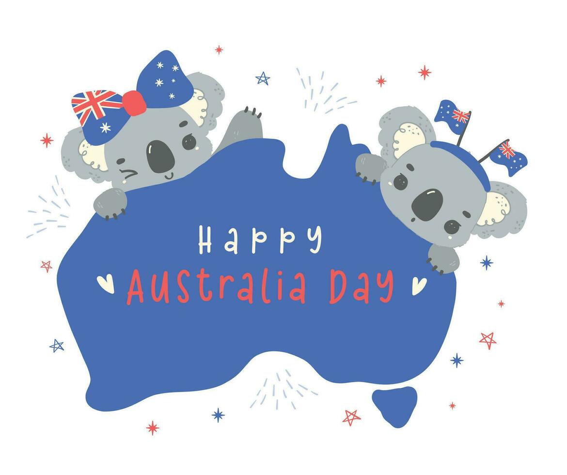 feliz Austrália dia coalas com mapa, adorável bebê animal comemoro australiano nação dia desenho animado mão desenho. vetor