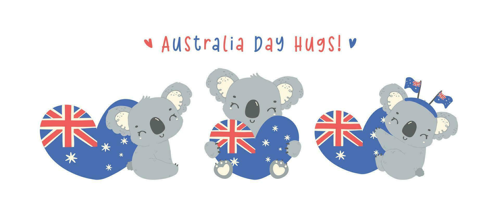 Austrália dia coalas com coração bandeira dentro coração forma, grupo do bebê animal comemoro australiano nação dia desenho animado mão desenho. bandeira vetor