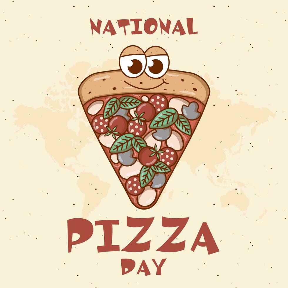 nacional pizza dia conceito feriado bandeira. retro groovy desenho animado personagem pizza. vintage mascote psicodélico sorriso, emoção. funky vetor ilustração