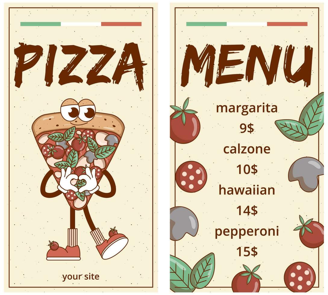 pizza Comida cardápio para restaurante, cafeteria, pizzaria. retro groovy desenho animado personagem. vintage mascote psicodélico sorriso, emoção. funky vetor ilustração