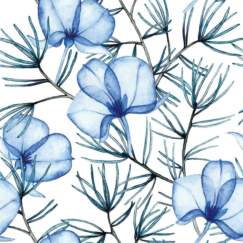 aguarela desenho, Natal decoração desatado padronizar com transparente flores, raio X. azul flores e abeto galhos. inverno impressão para Novo ano, Natal vetor