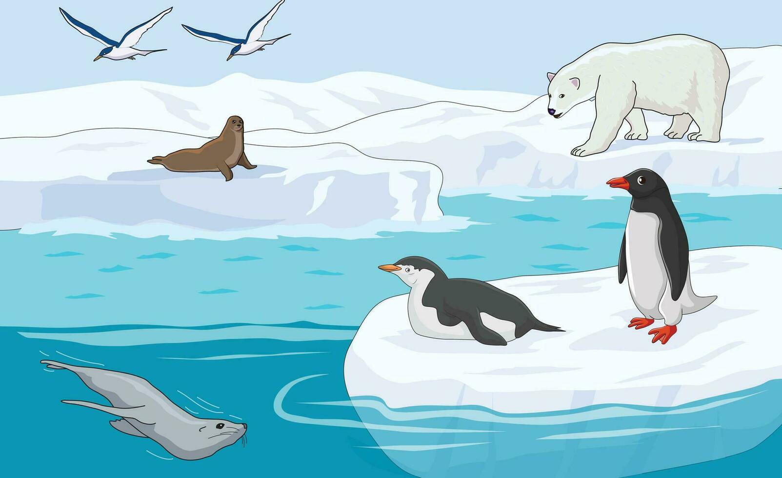 pinguim, baleia, morsa, mar gaivota e polar Urso vetor