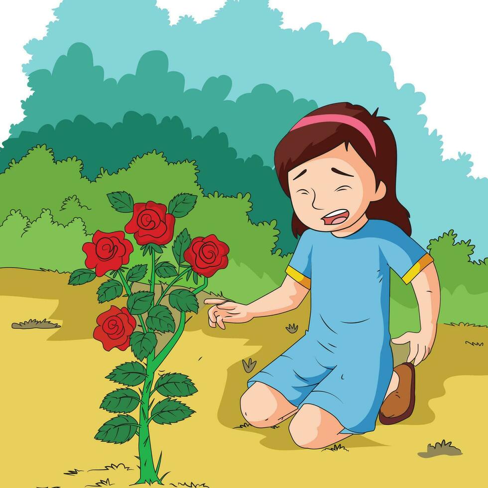 pequeno menina chorando dentro dor vencimento para rosa Espinho vetor ilustração
