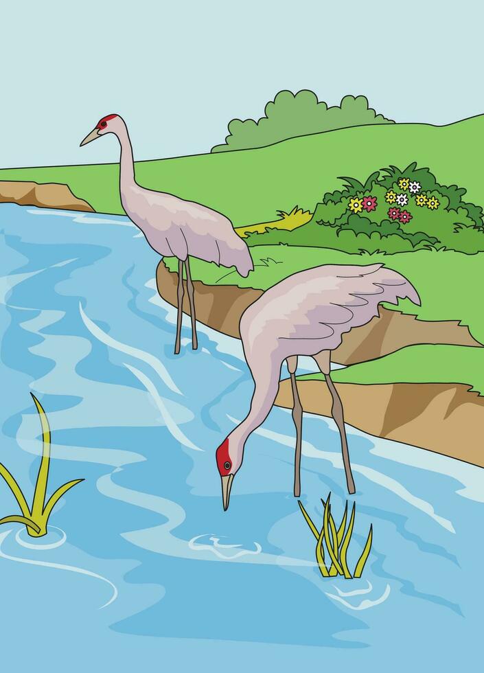 uma cisne bebendo água e de outros em pé ainda dentro uma natureza fundo vetor