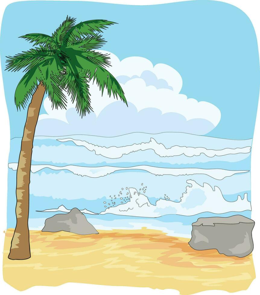 natureza ilustração mostrando Palma árvore e mar ondas com areia vetor