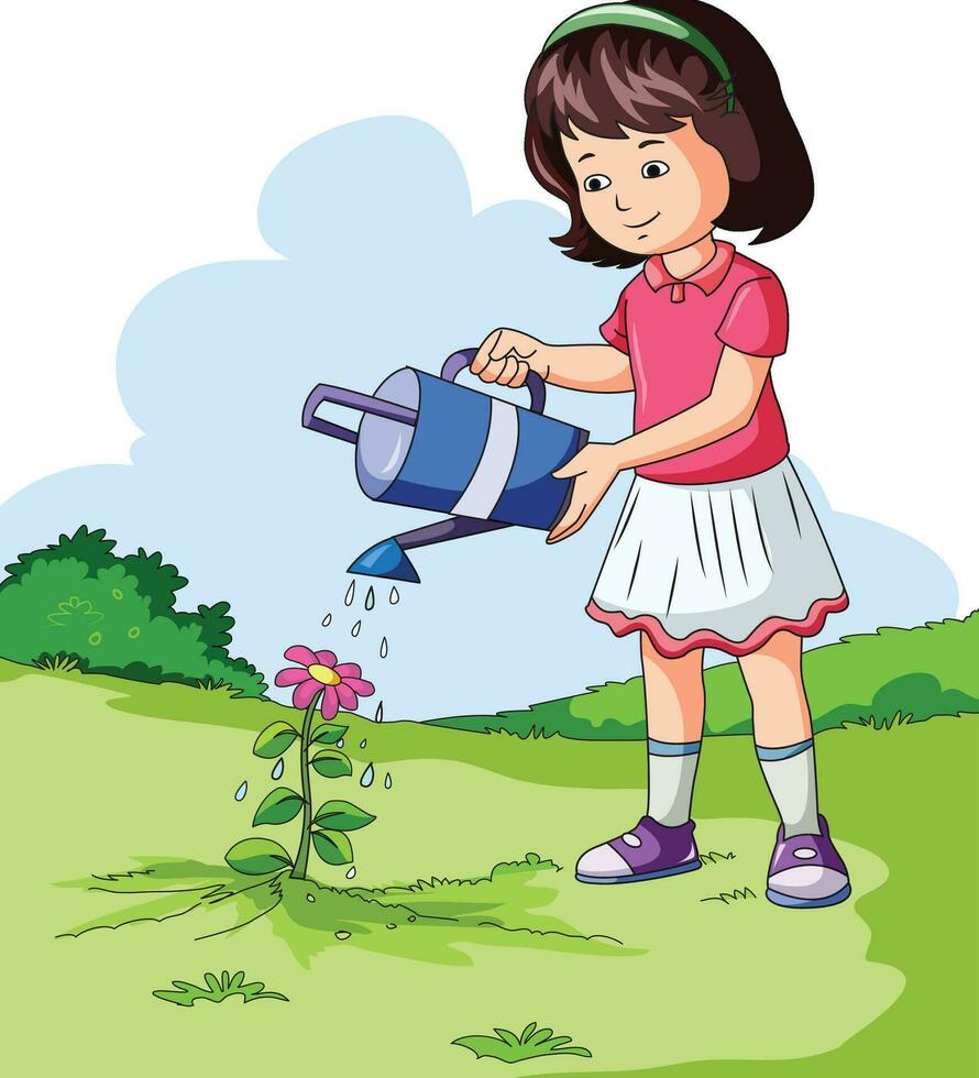 menina rega uma plantar vetor ilustração