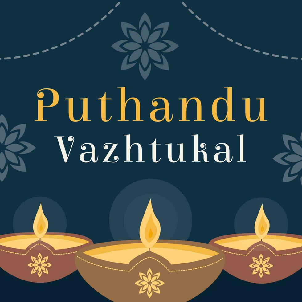 puthandu vazhtukal feriado tamil tradução feliz Novo ano. Uganda ou diwali sul Índia sri lanka festival. oferta diya óleo luminária dentro argila Panela em Sombrio fundo. tradicional religioso celebração. vetor