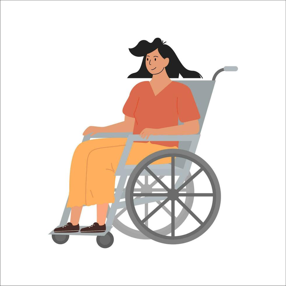 moderno jovem Desativado mulher em cadeira de rodas. sorridente deficiente menina personagem isolado em branco. reabilitação às hospital, mais jovem adulto com incapacidade às enfermagem lar. vetor ilustração.