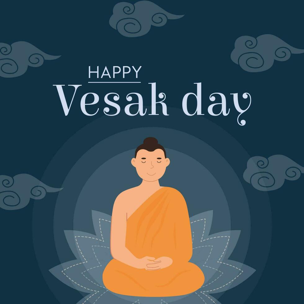 feliz vesak dia vetor cartão. tradução a partir de sânscrito festival do gautama aniversário, morte, paranirvana. senhor Buda sentado em lótus assento com raios do luz em amarelo fundo. vetor budista feriado