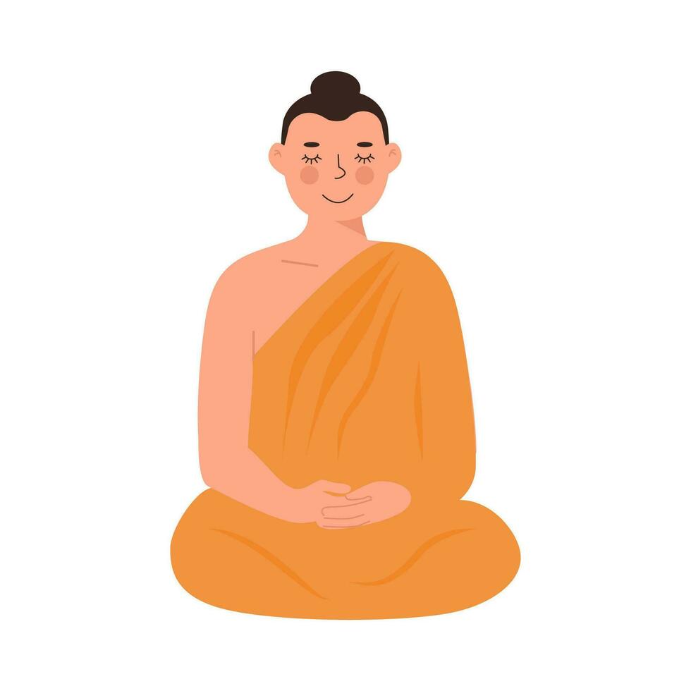 fofa pacífico senhor Buda dentro amarelo roupão meditando dentro lótus postura com fechadas olhos. budista religioso professor ou Deus. plano vetor desenho animado personagem isolado em branco fundo para crianças livro.