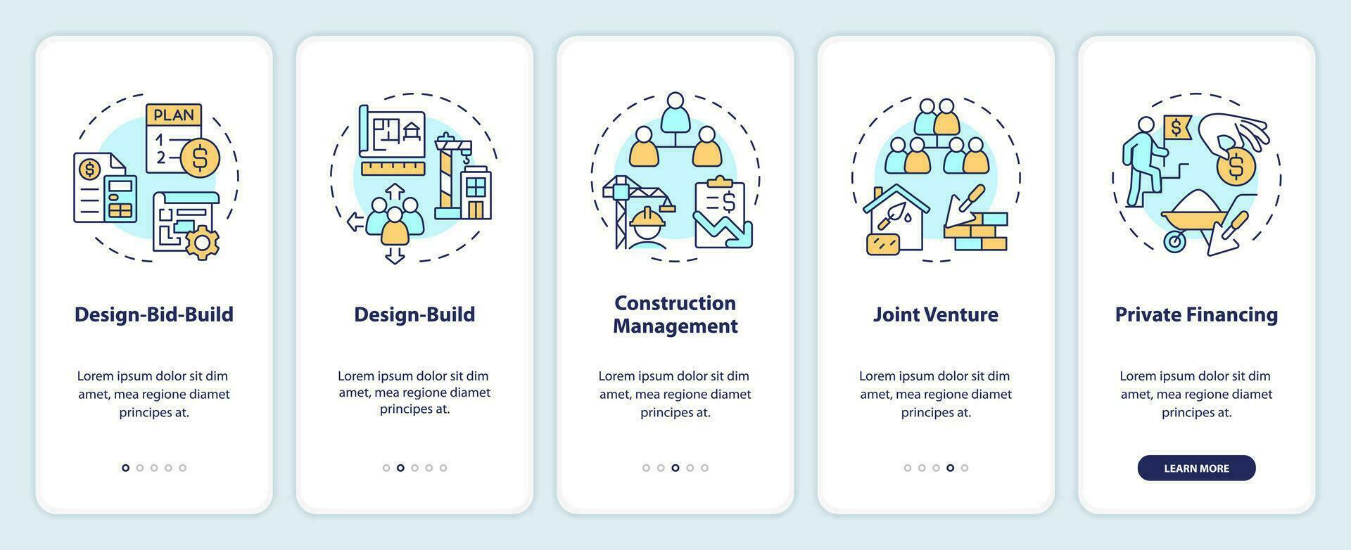 2d ícones representando construção custo Móvel aplicativo tela definir. passo a passo 5 passos colorida gráfico instruções com linha ícones conceito, interface do usuário, ux, gui modelo. vetor