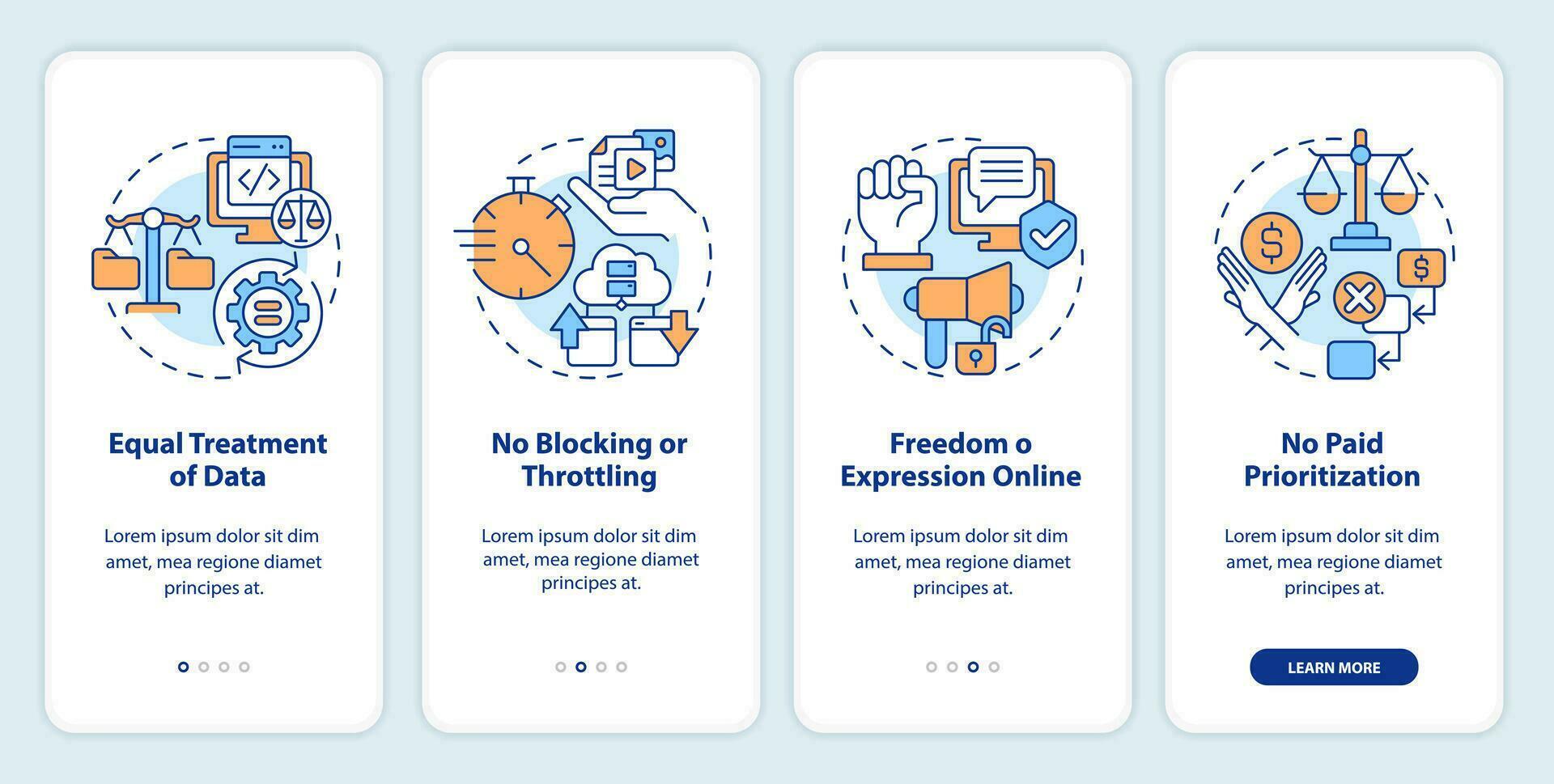 2d linear ícones representando cyber lei Móvel aplicativo tela definir. passo a passo 4 passos multicolorido gráfico instruções com conceito, interface do usuário, ux, gui modelo. vetor