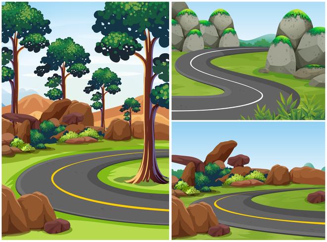 Três cenas de estrada com árvores ao lado vetor