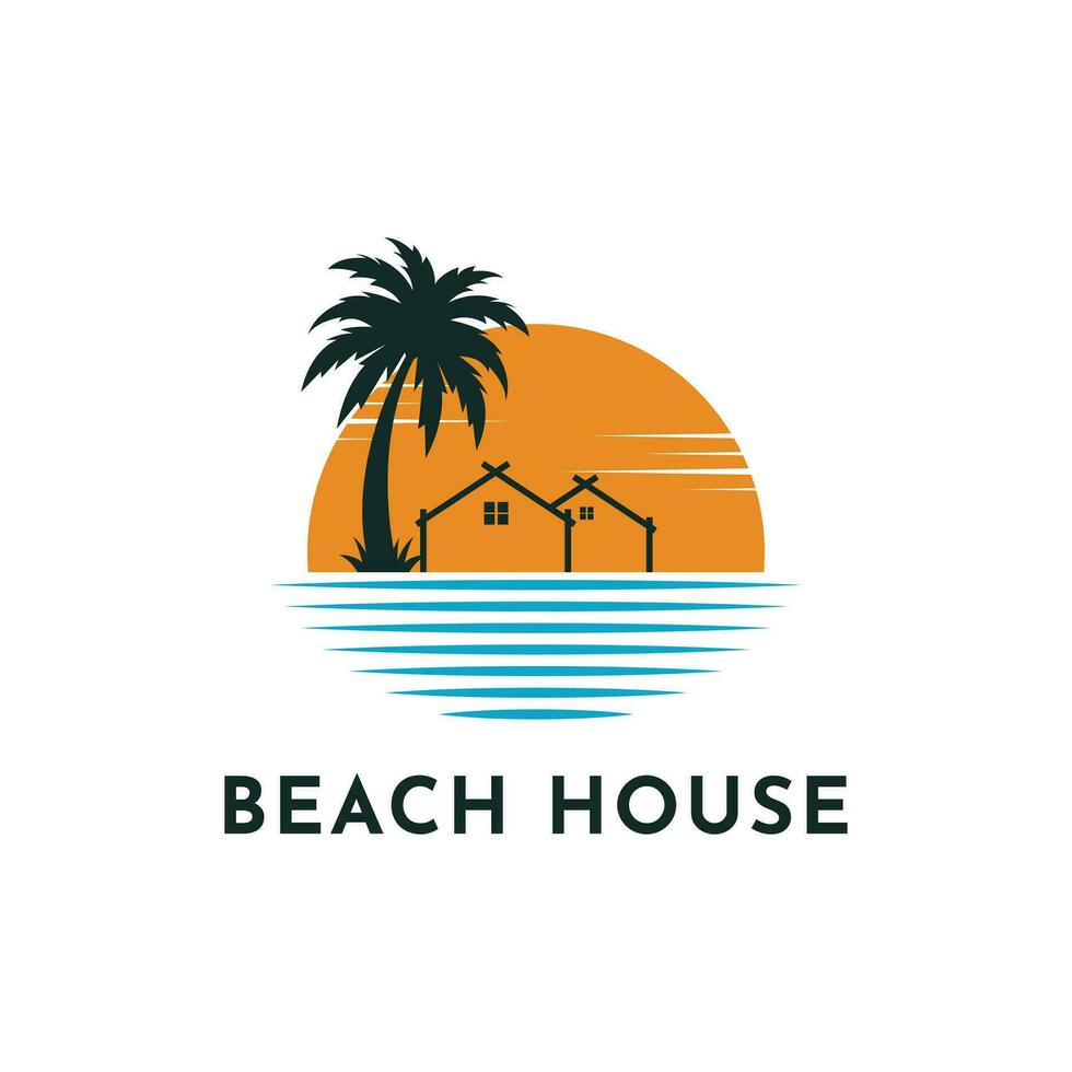 de praia casa logotipo Projeto conceito com Palma, casa e Sol vetor