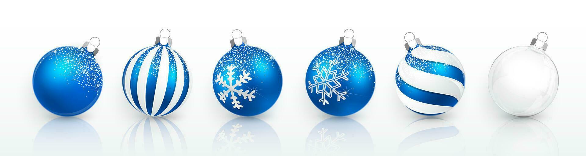 transparente e azul Natal bola com neve efeito definir. natal vidro bola em branco fundo. feriado decoração modelo. vetor ilustração