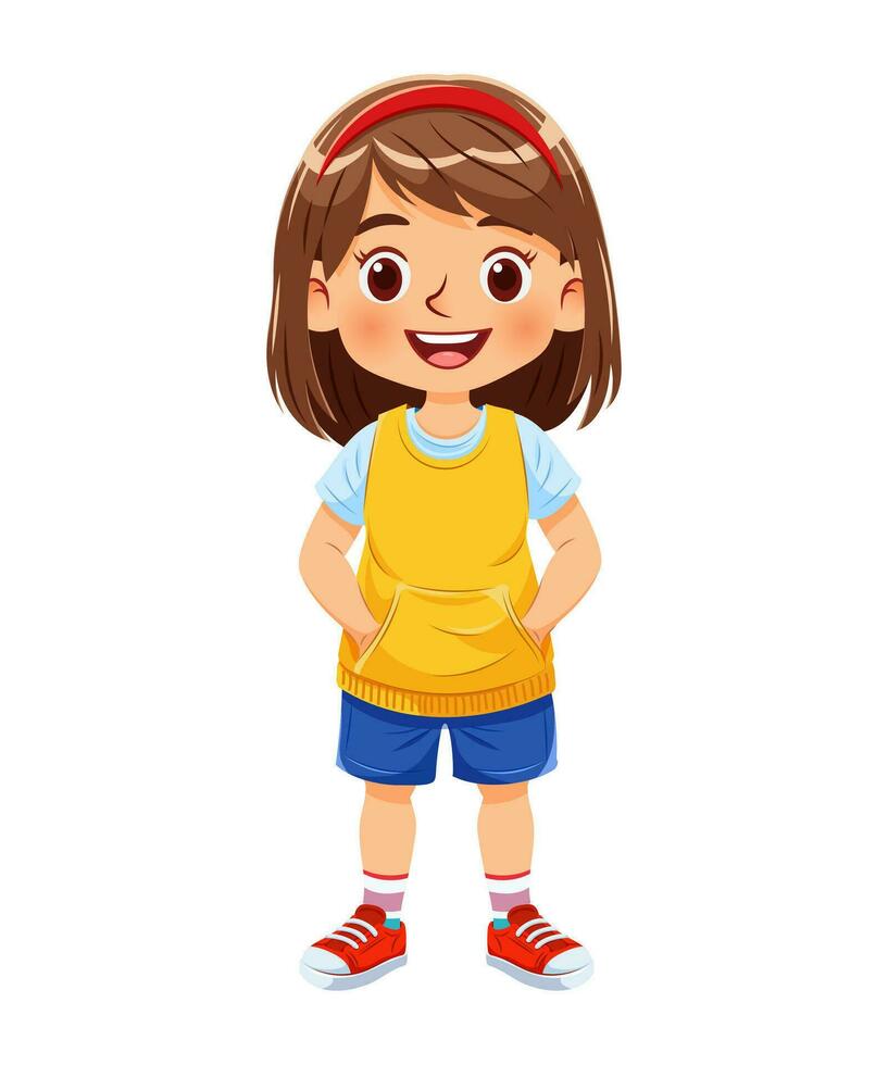 vetor ilustração desenho animado do uma fofa menina em pé e sorridente enquanto vestido dentro colorida e casual roupas