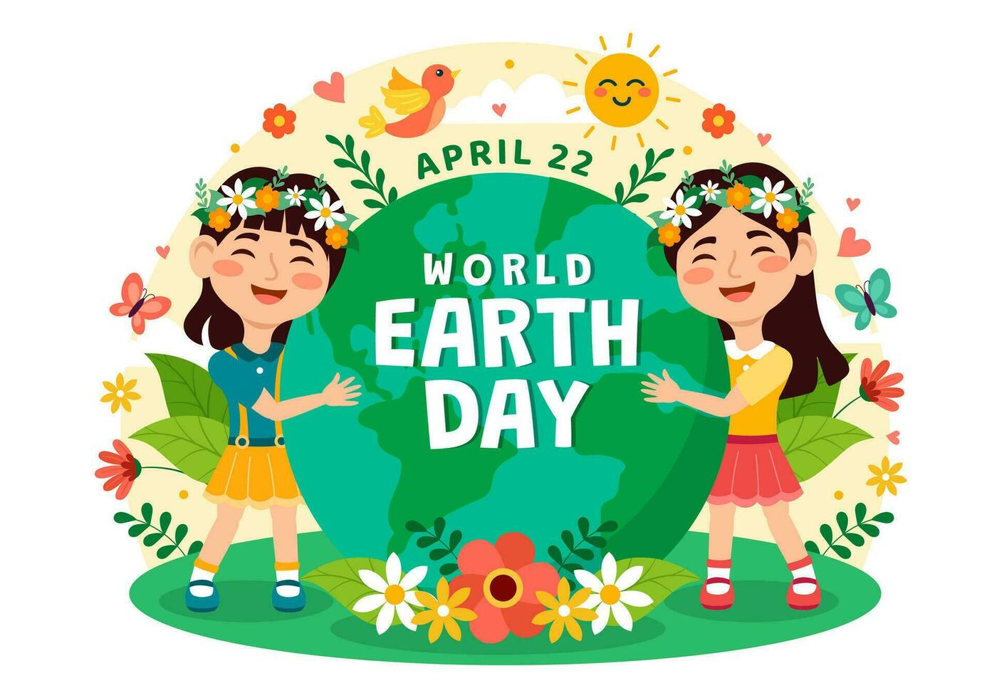 mundo terra dia vetor ilustração em abril 22 com mundo mapa e plantas ou árvores para esverdeamento consciência dentro meio Ambiente plano desenho animado fundo