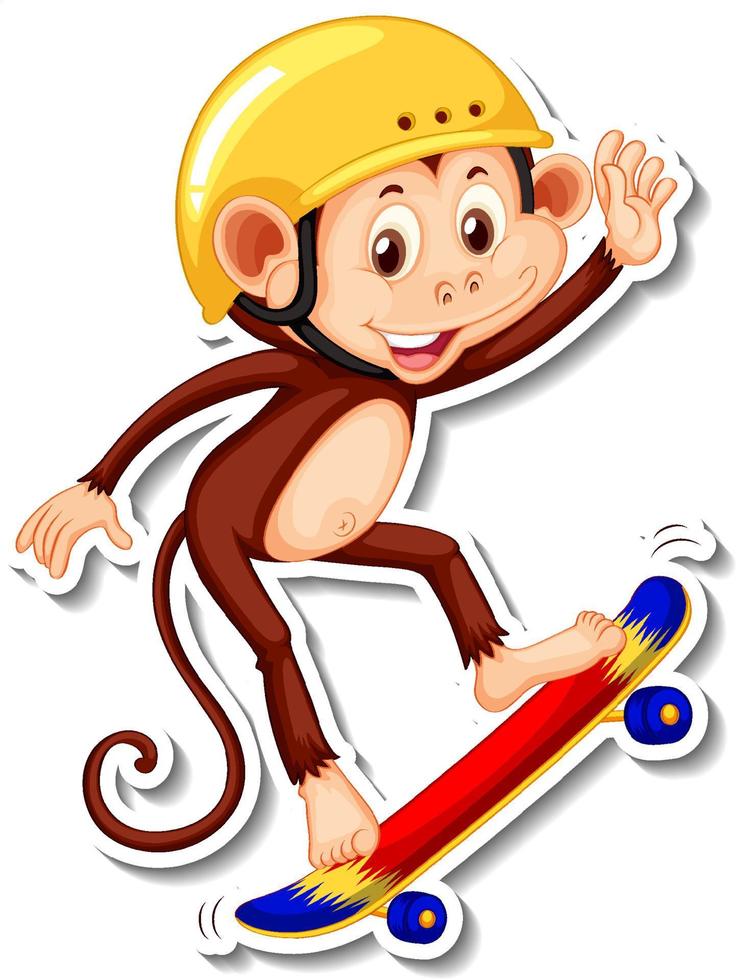 Adesivo de macaco brincando de skate com personagem de desenho animado vetor