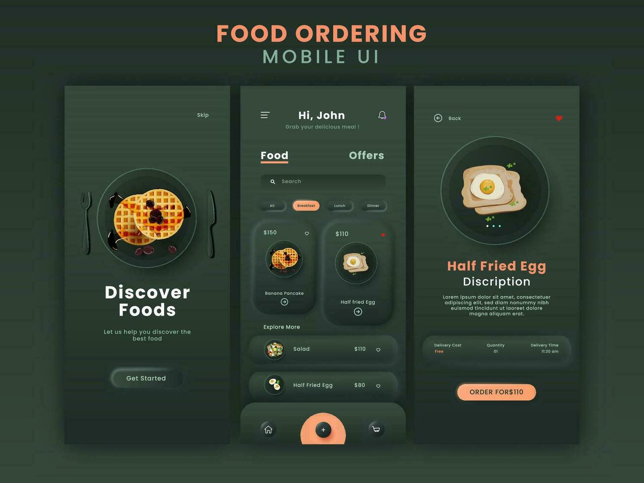 Comida encomenda Móvel aplicativo ui kit Incluindo Como pegue iniciado, Comida cardápio detalhes para responsivo local na rede Internet. vetor