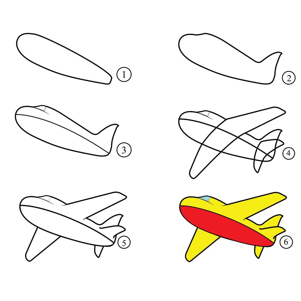 esboço de avião tutorial de desenho passo a passo para crianças, tema pré-escolar vetor