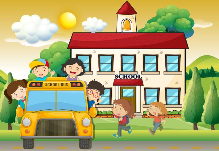 Crianças no ônibus escolar para a escola vetor