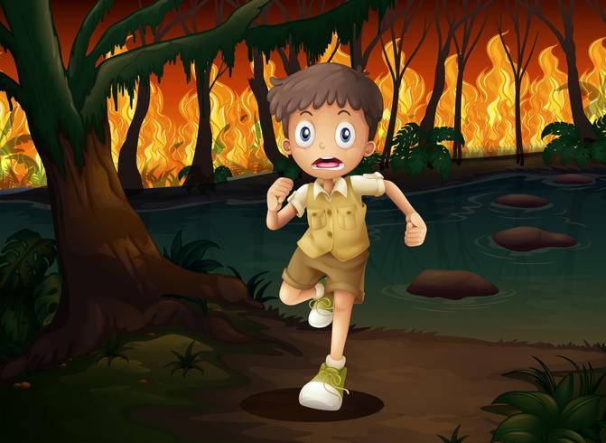 Um menino correndo de um incêndio vetor