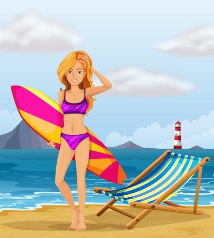 Uma garota na praia com uma prancha de surf colorida vetor