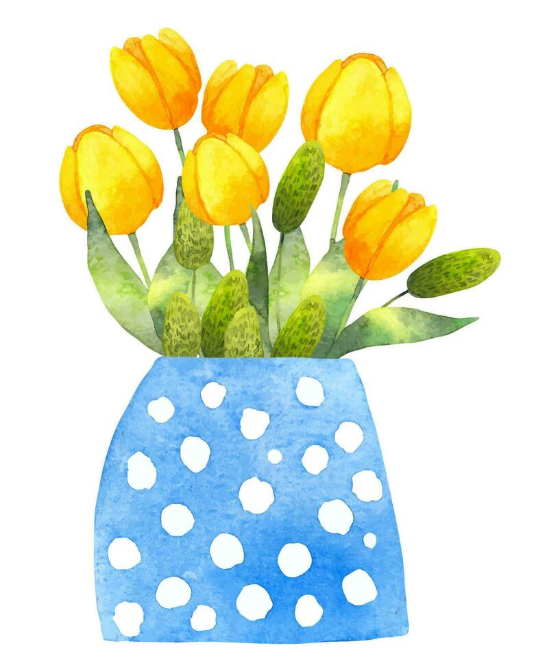 composição do amarelo tulipas dentro uma vaso.azul vaso com flores e verde folhas.aquarela ilustração.simples estilizado estilo.primavera botânico ramalhete para páscoa.mão desenhado arte.vetor. vetor