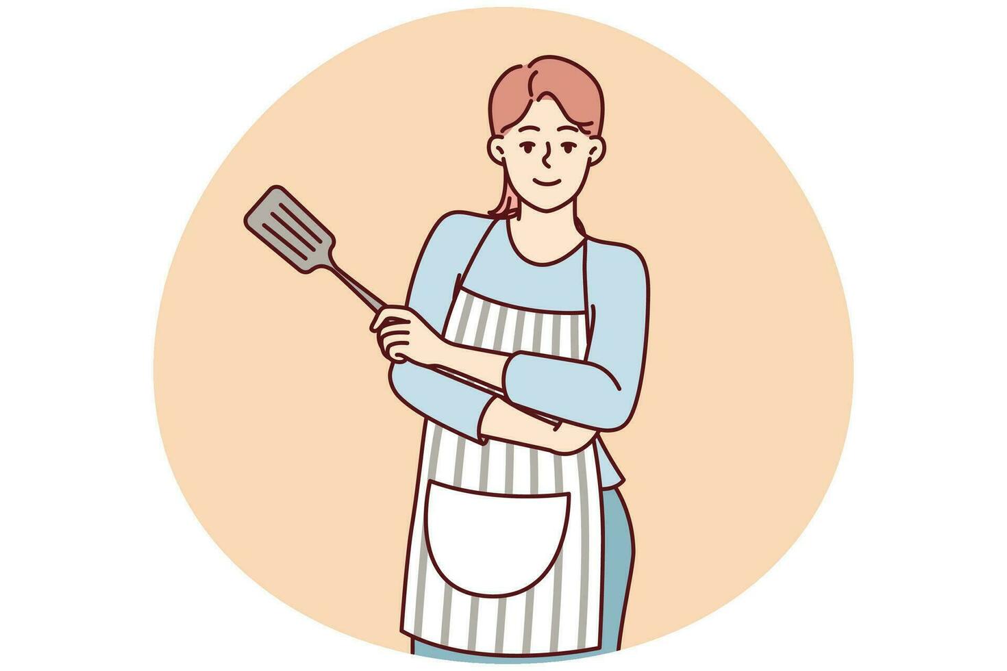 sorridente mulher dona de casa dentro avental carrinhos com braços cruzado com espátula para culinária. vetor imagem