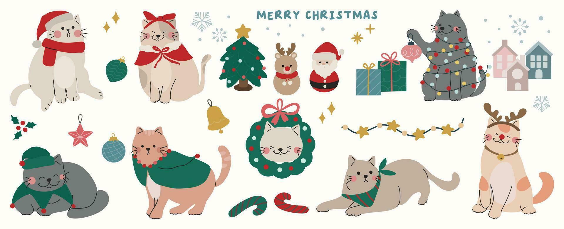 alegre Natal e feliz Novo ano conceito fundo vetor. coleção desenhando do fofa gato com decorativo lenço, chapéu, guirlanda. Projeto adequado para bandeira, convite, cartão, saudações, bandeira, cobrir. vetor