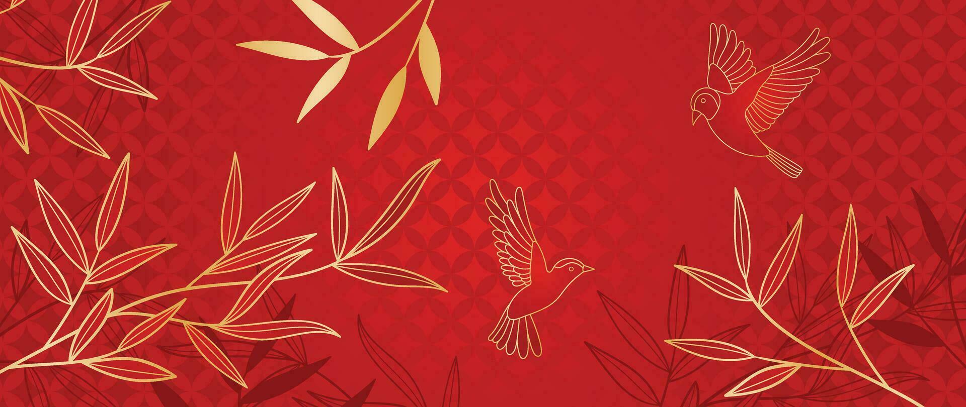 elegante chinês oriental padronizar fundo vetor. elegante andorinha pássaro e bambu folhas ramo dourado linha arte em vermelho fundo. Projeto ilustração para feliz Novo ano, papel de parede, bandeira, cartão. vetor